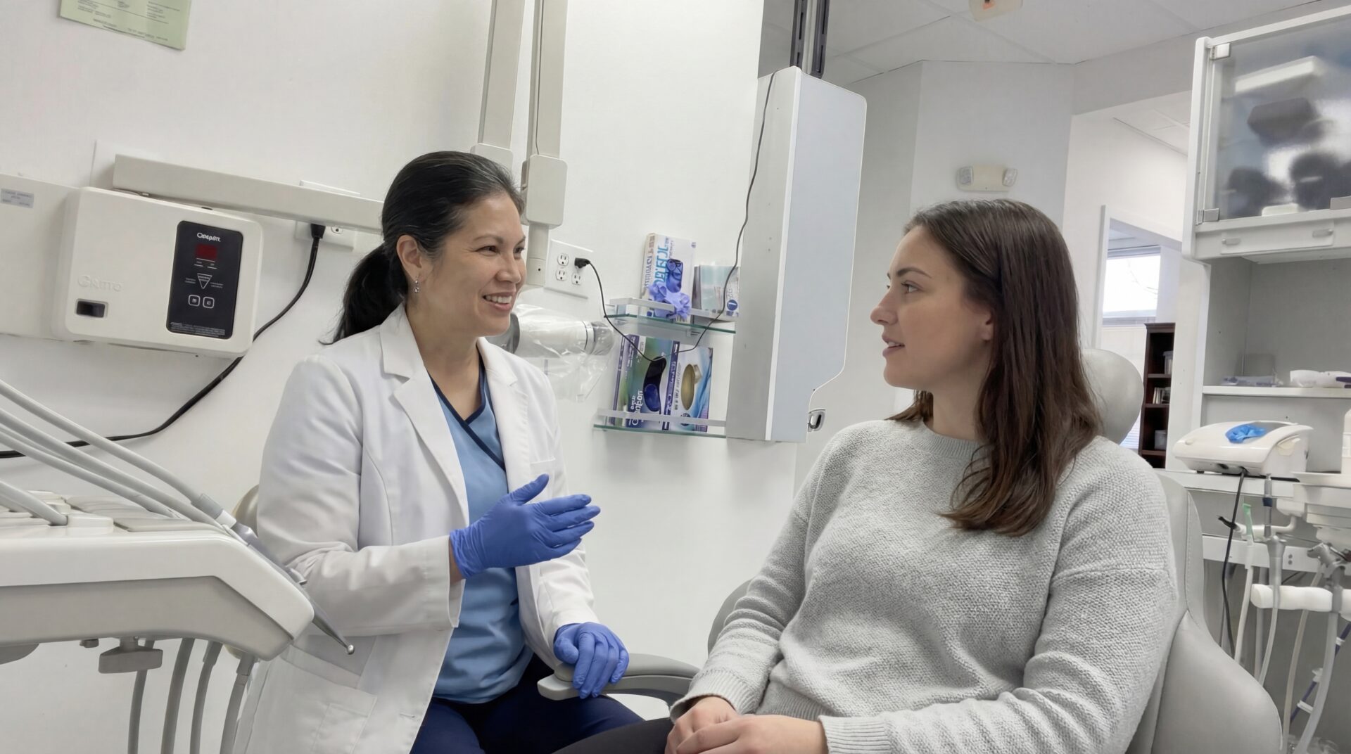 Dentist explaining wisdom teeth extraction process in Woodbridge VA to patient